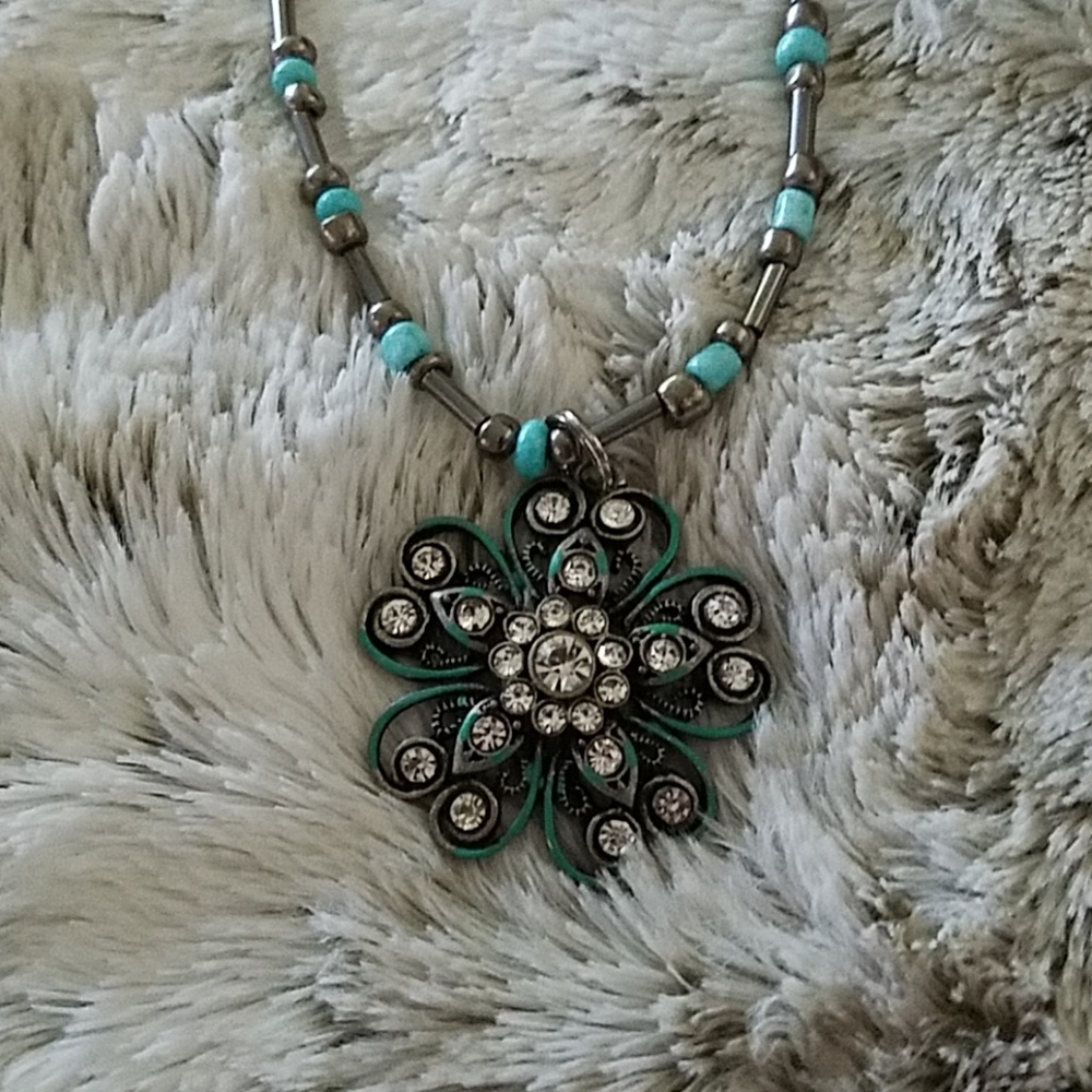Aqua and Silver Flower Necklace